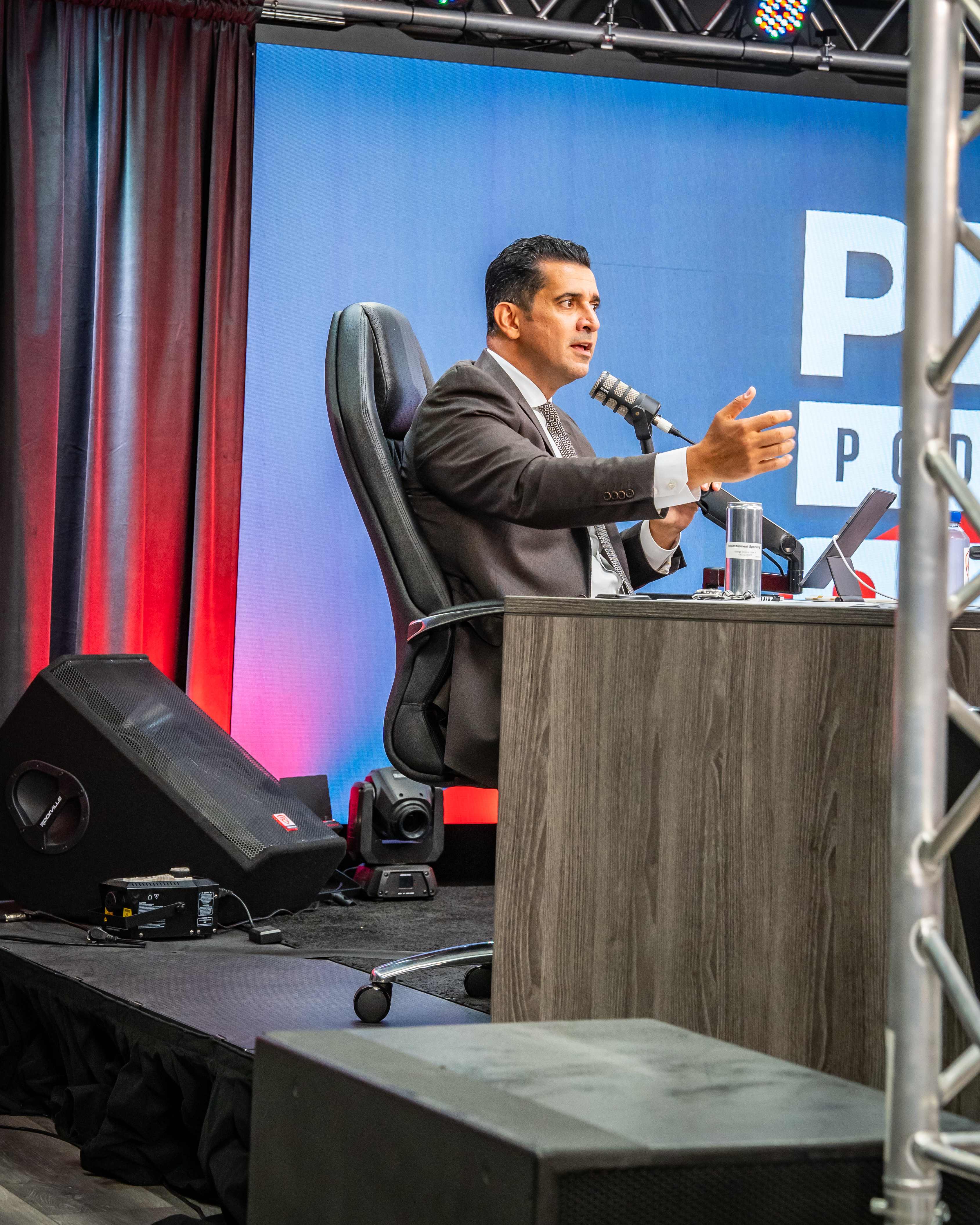 Patrick Bet-David speaking at PBD Podcast desk